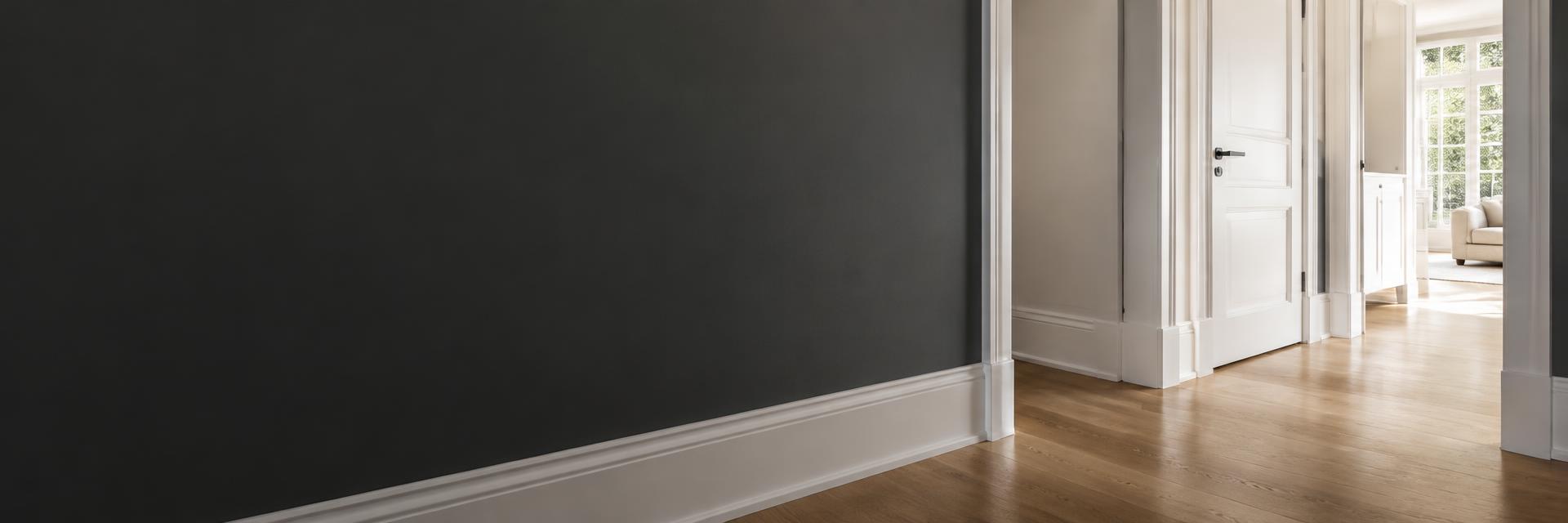 Precision interior paint finishes on a charcoal hallway wall, white paneled doors and crisp baseboards beside sunlit oak flooring.