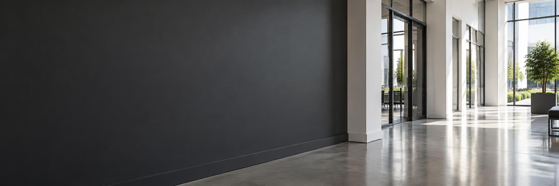 Modern commercial lobby with a charcoal painted wall, white architectural columns and glass entry doors in directional daylight.