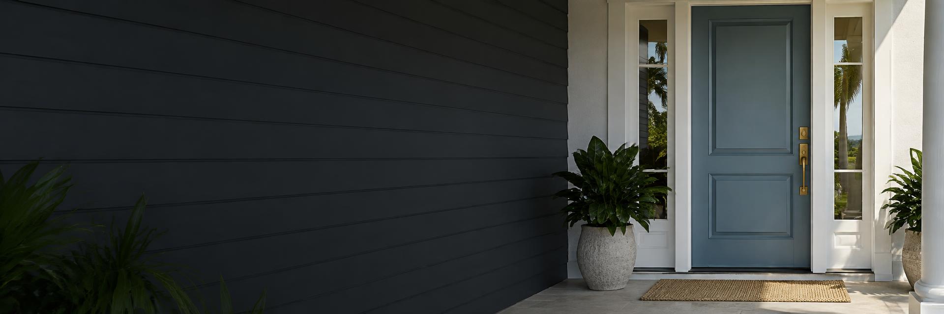 Painted coastal home entrance with dark exterior siding, a blue front door, white trim and potted greenery under a shaded porch.