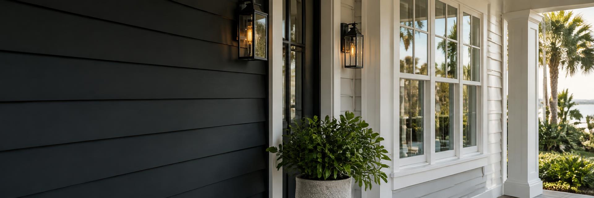 Residential exterior paint finishes on charcoal siding and white window trim beside a sunlit porch with tropical landscaping.